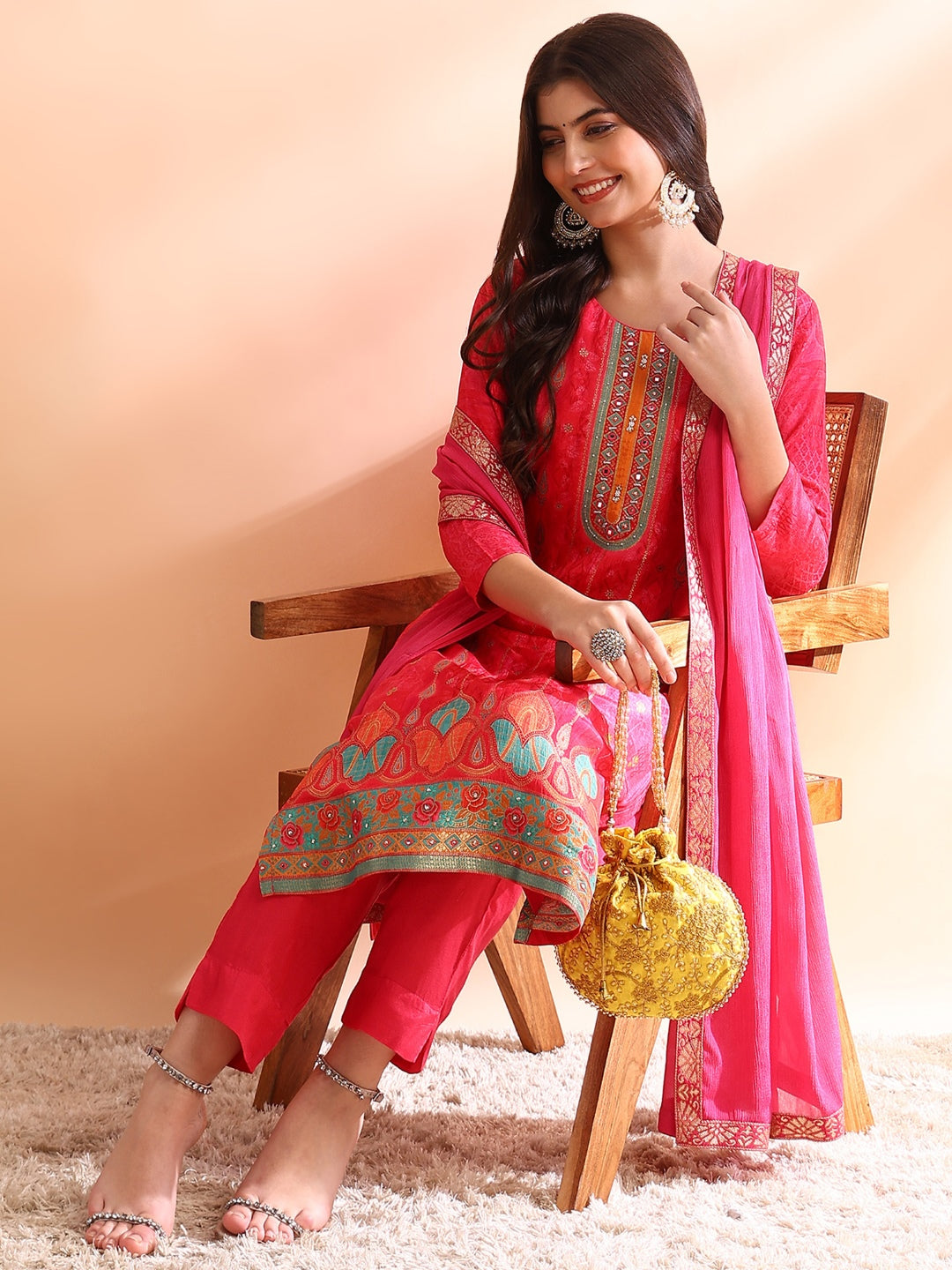 ZERESOUQ-Pink-Chanderi-Silk-Ethnic-Motifs-3-Piece-Kurta-Set