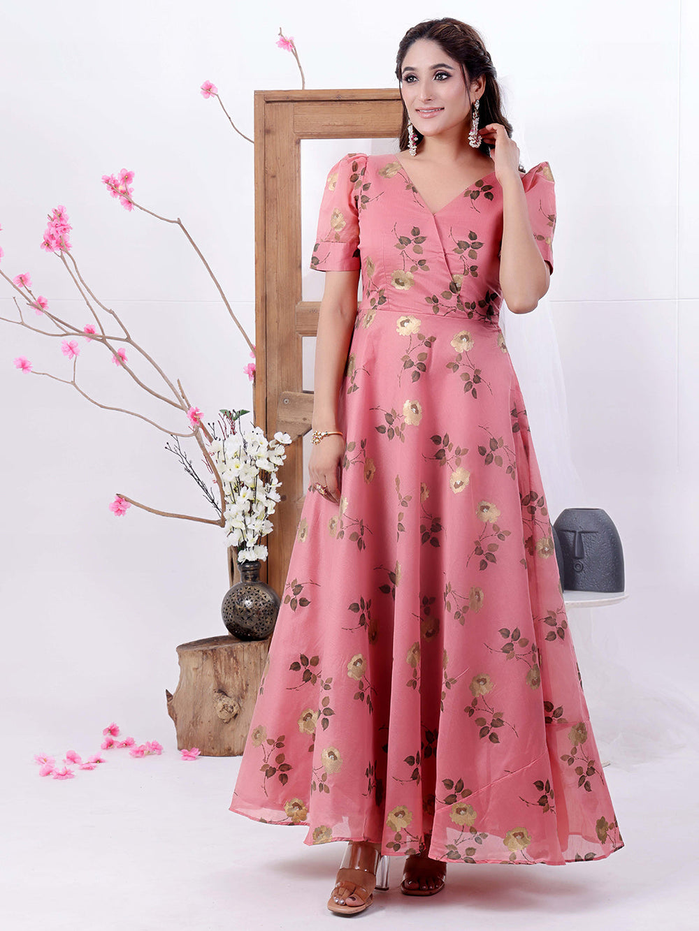 Pink-Chanderi-Silk-V-Neck-Maxi-Dress