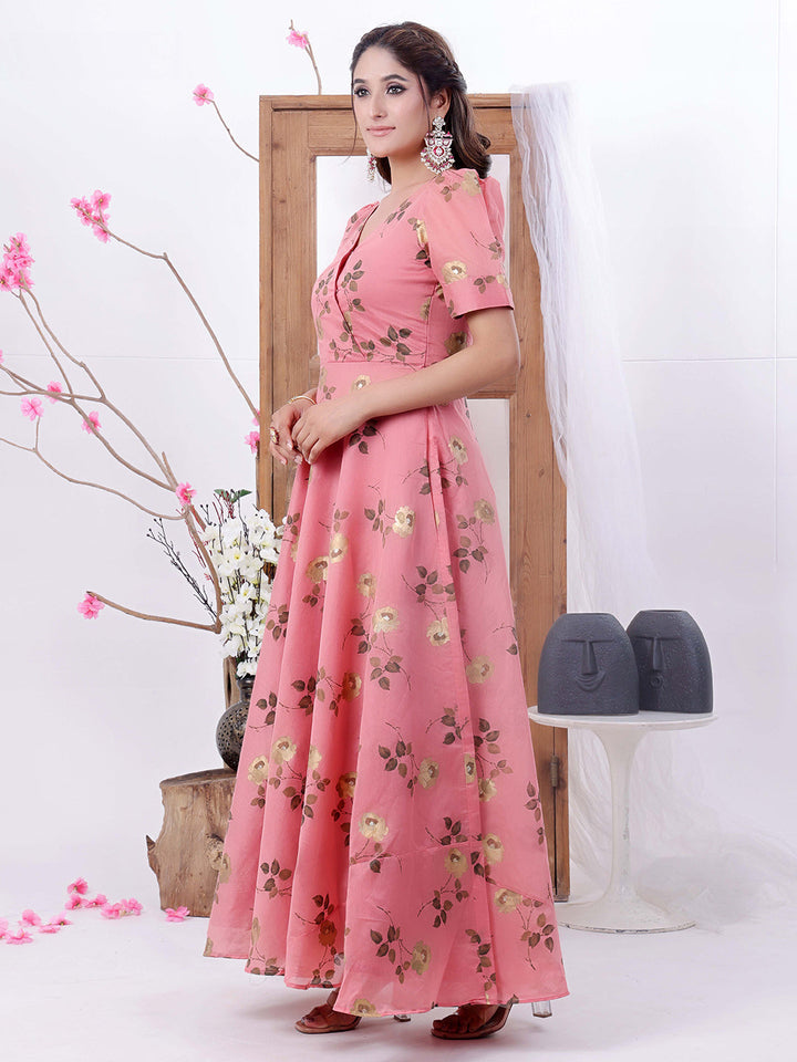 Pink-Chanderi-Silk-V-Neck-Maxi-Dress