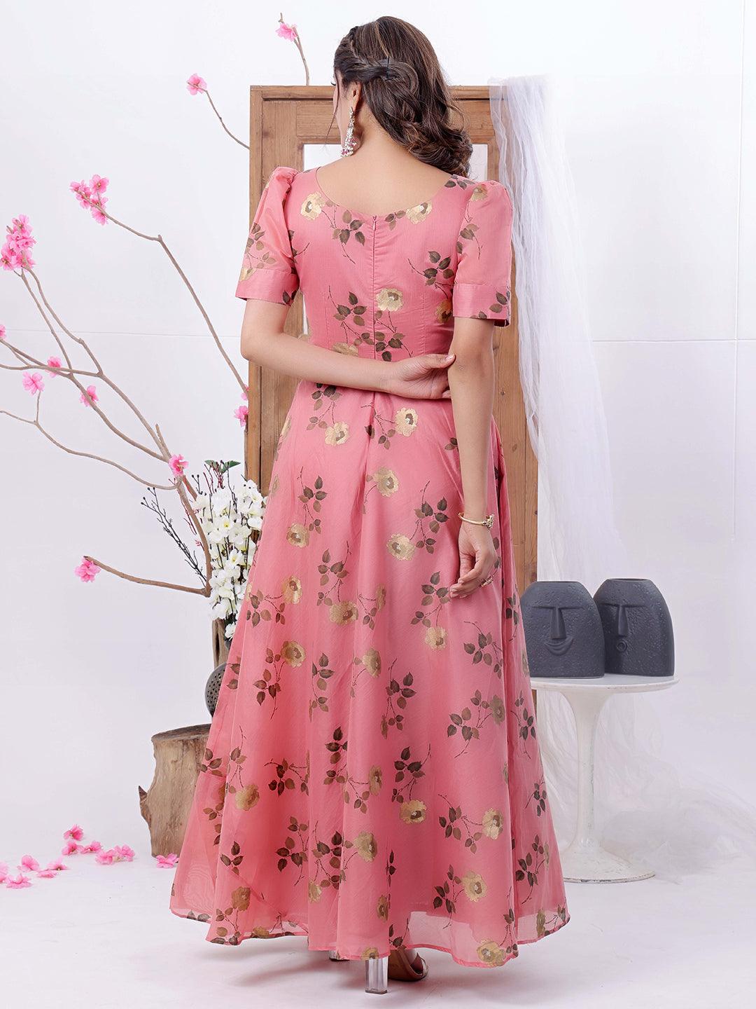 Pink-Chanderi-Silk-V-Neck-Maxi-Dress