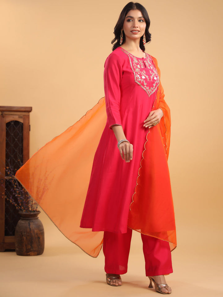 Pink Chanderi Yoke Embroidery Anarkali Set