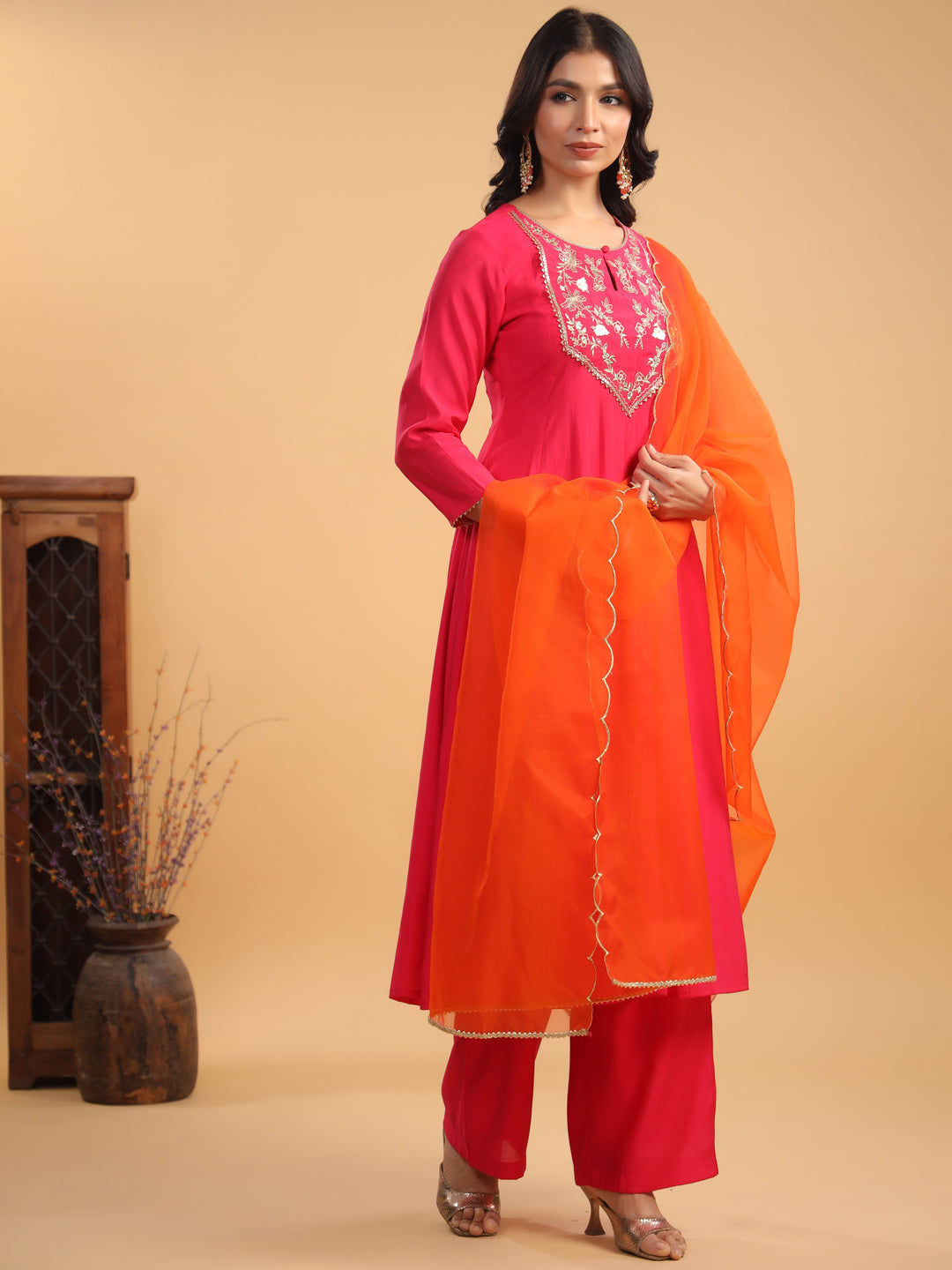 Pink Chanderi Yoke Embroidery Anarkali Set