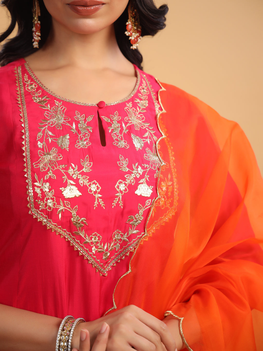 Pink Chanderi Yoke Embroidery Anarkali Set