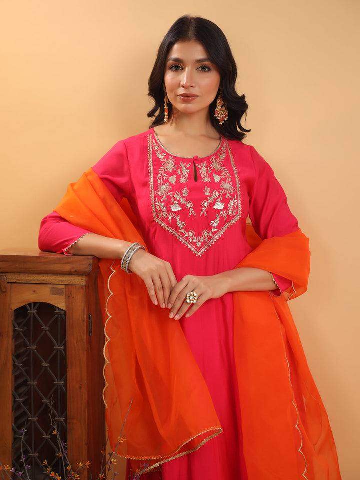 Pink Chanderi Yoke Embroidery Anarkali Set