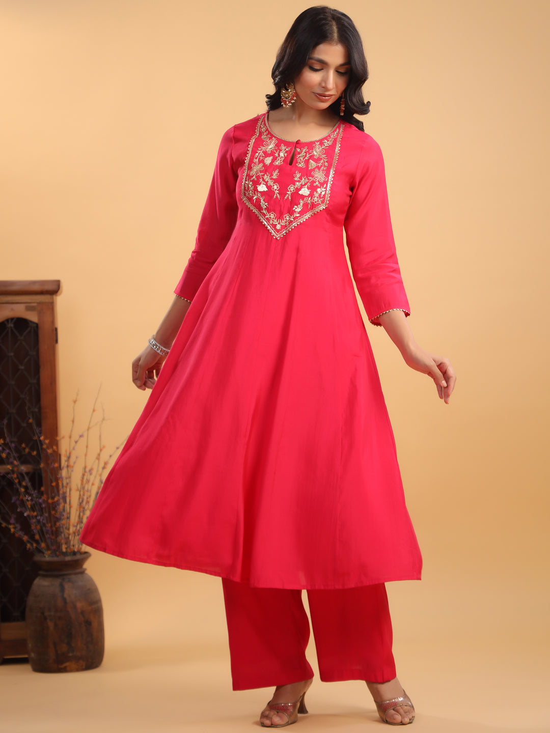 Pink Chanderi Yoke Embroidery Anarkali Set