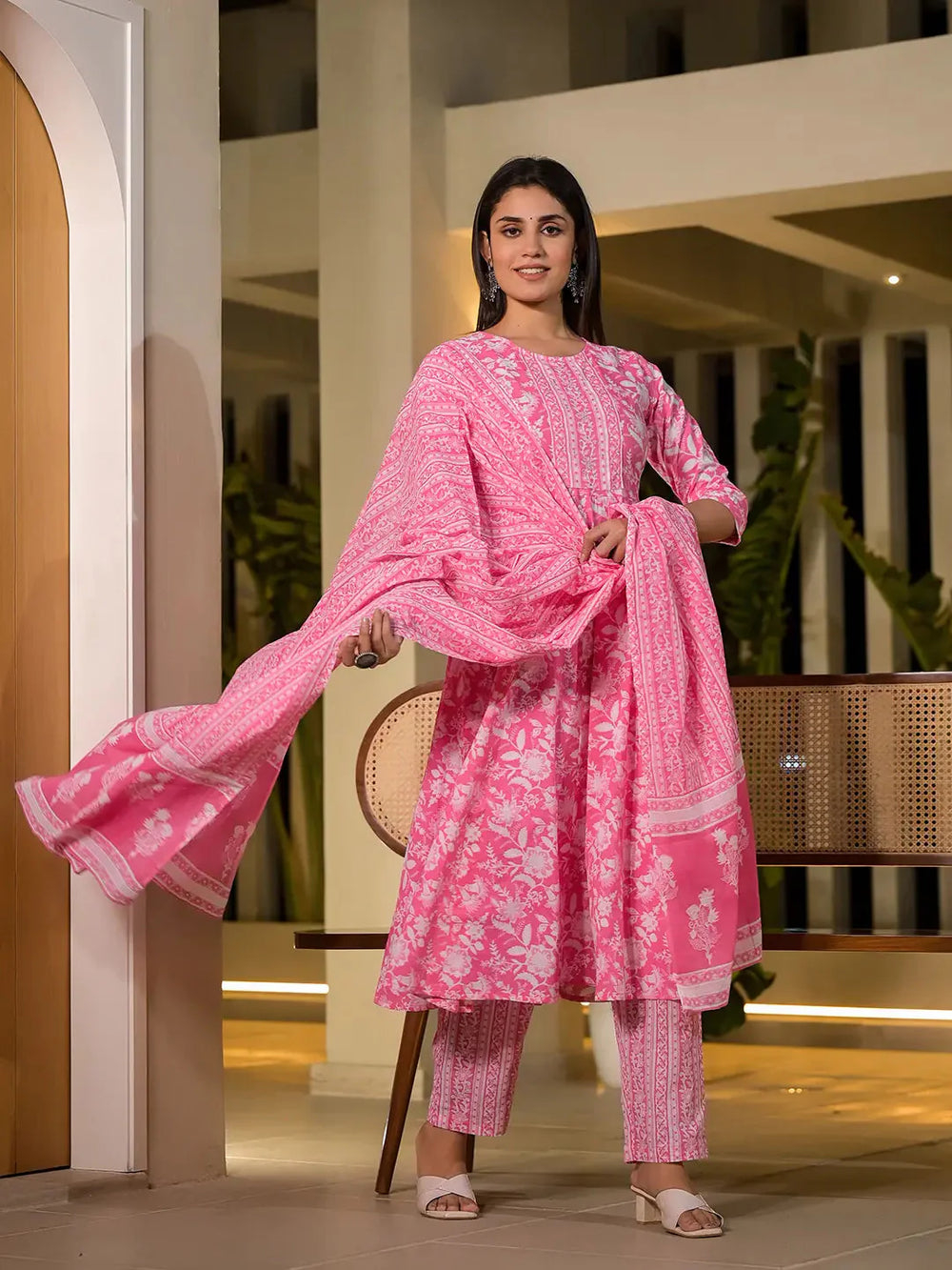 Pink-Cotton-Floral-Printed-Sequins-Work-Anarkali-Set