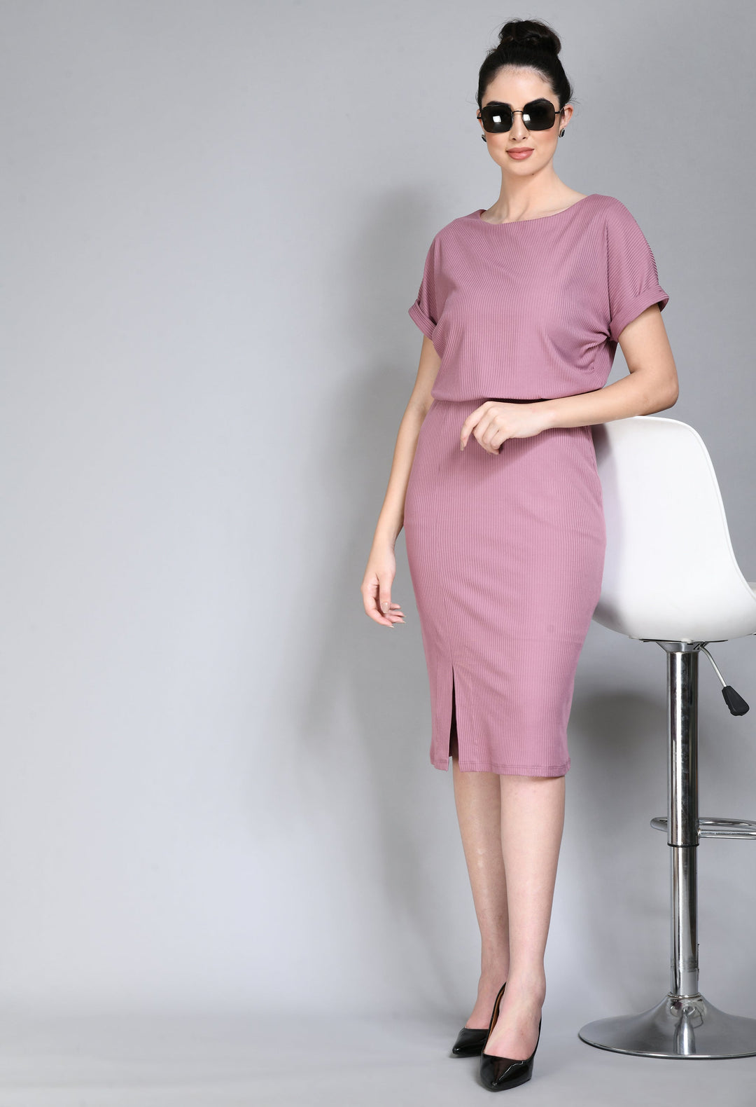 Pink-Cotton-Blend-Enigma-Ribbed-Blouson-Dress