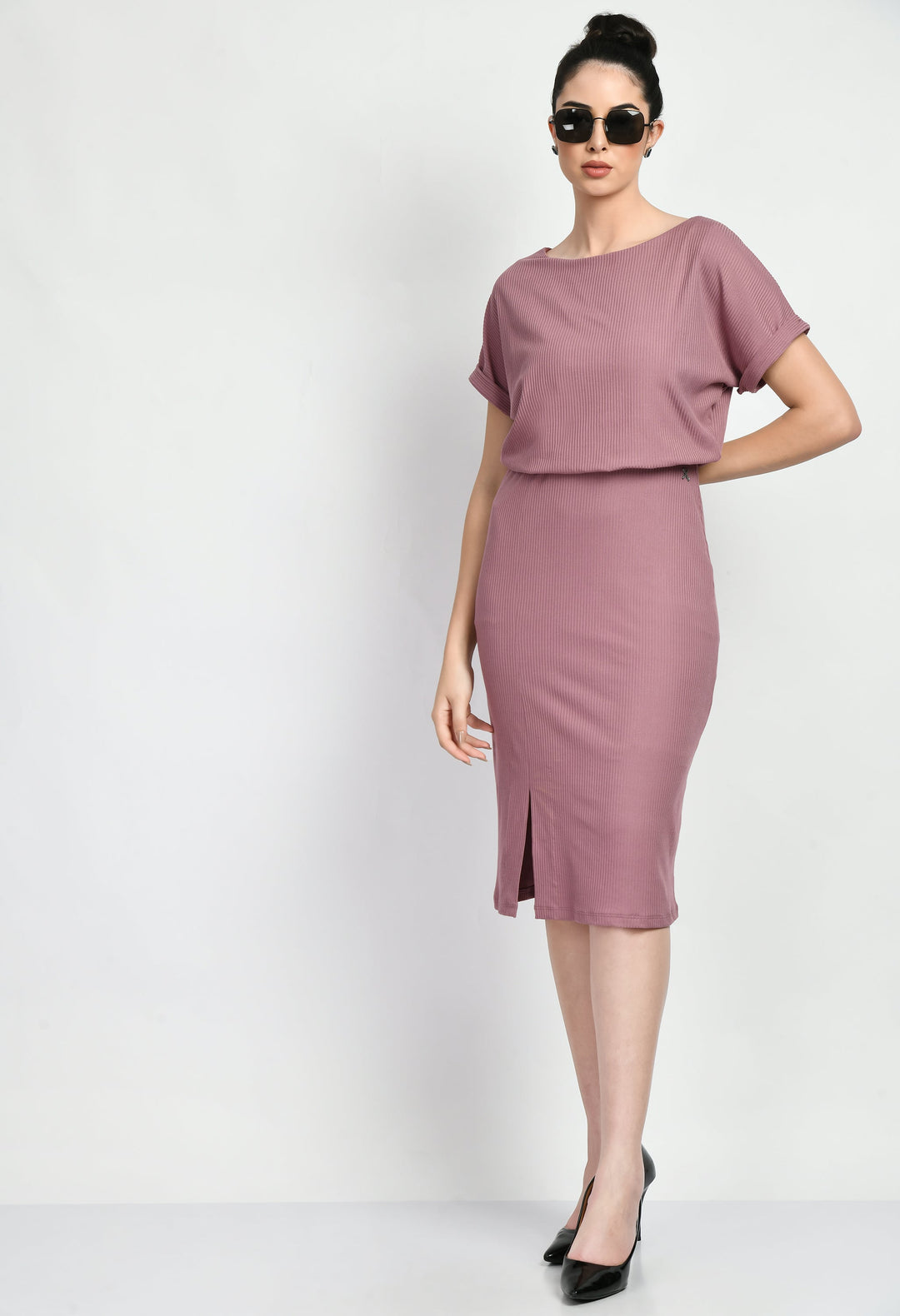 Pink-Cotton-Blend-Enigma-Ribbed-Blouson-Dress