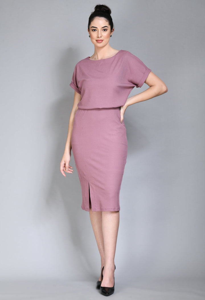 Pink-Cotton-Blend-Enigma-Ribbed-Blouson-Dress