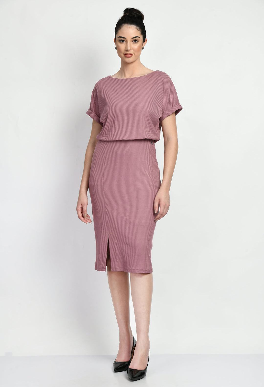 Pink-Cotton-Blend-Enigma-Ribbed-Blouson-Dress