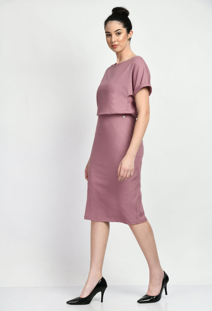 Pink-Cotton-Blend-Enigma-Ribbed-Blouson-Dress