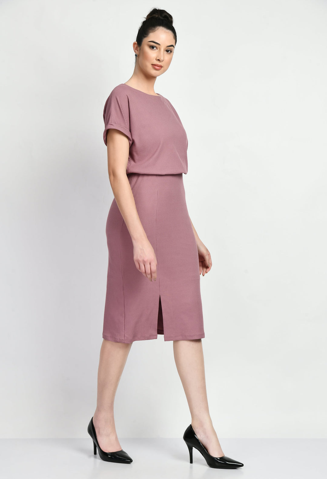 Pink-Cotton-Blend-Enigma-Ribbed-Blouson-Dress