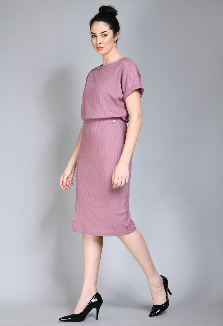 Pink-Cotton-Blend-Enigma-Ribbed-Blouson-Dress