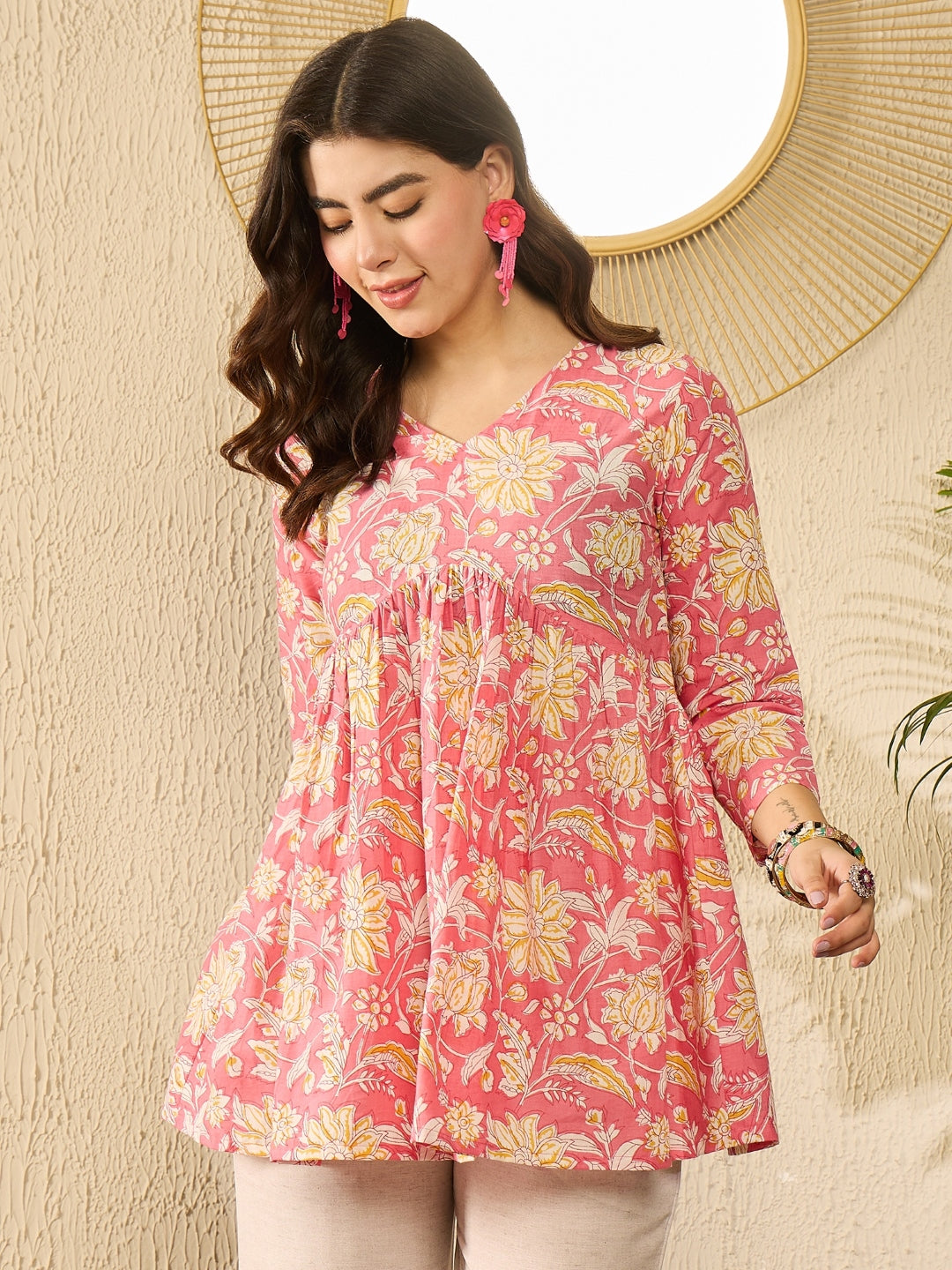 Pink-Cotton-Blend-Floral-Printed-Peplum-Tunic-Top