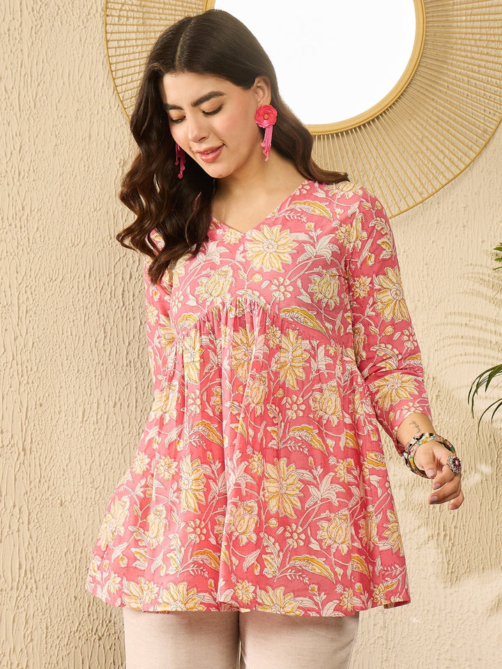 Pink-Cotton-Blend-Floral-Printed-Peplum-Tunic-Top