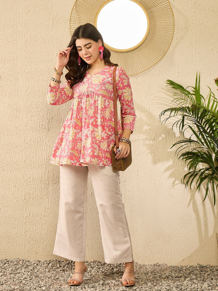 Pink-Cotton-Blend-Floral-Printed-Peplum-Tunic-Top