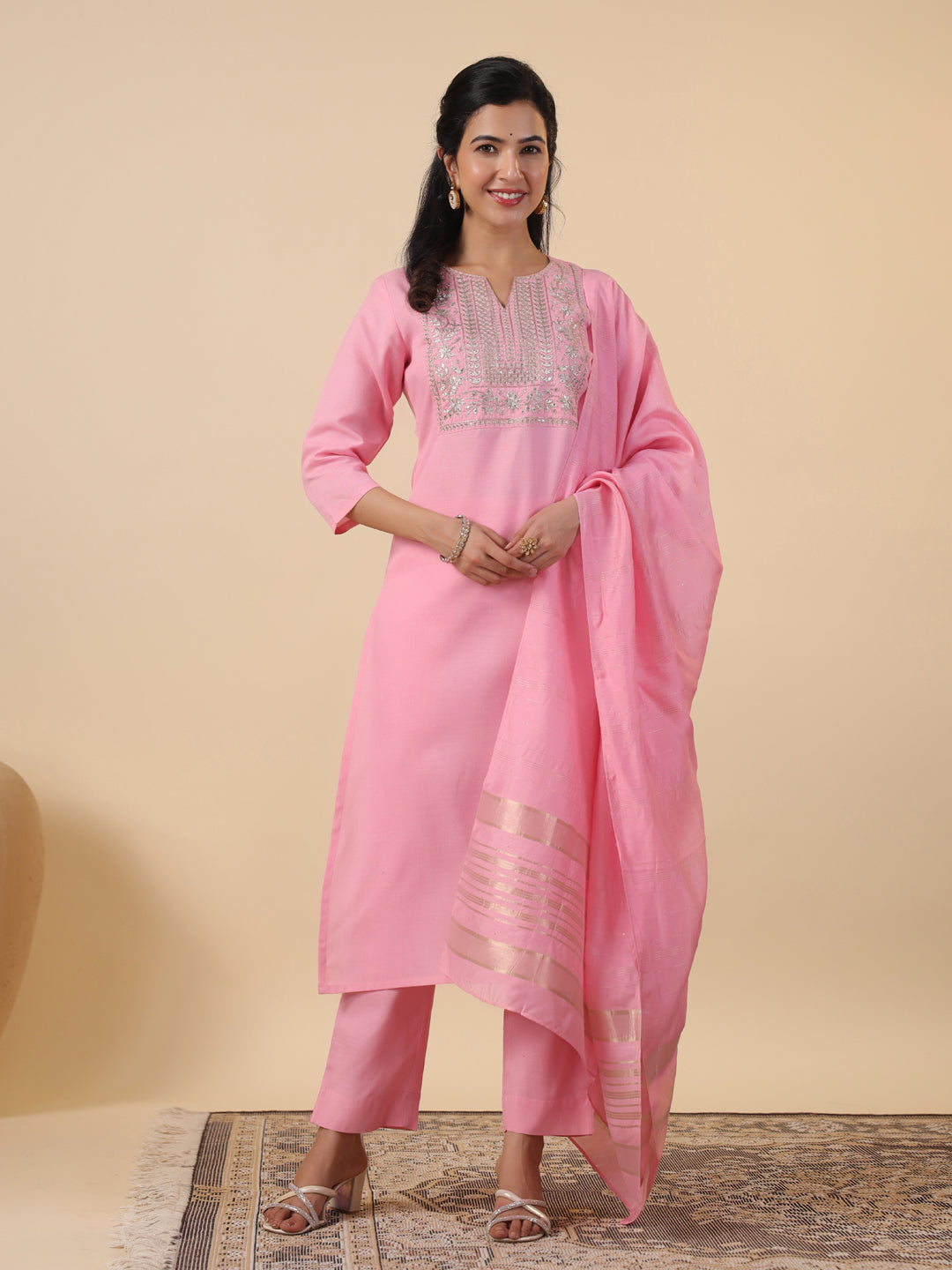 Pink Cotton Blend Yoke Embroidered Straight Kurta Set