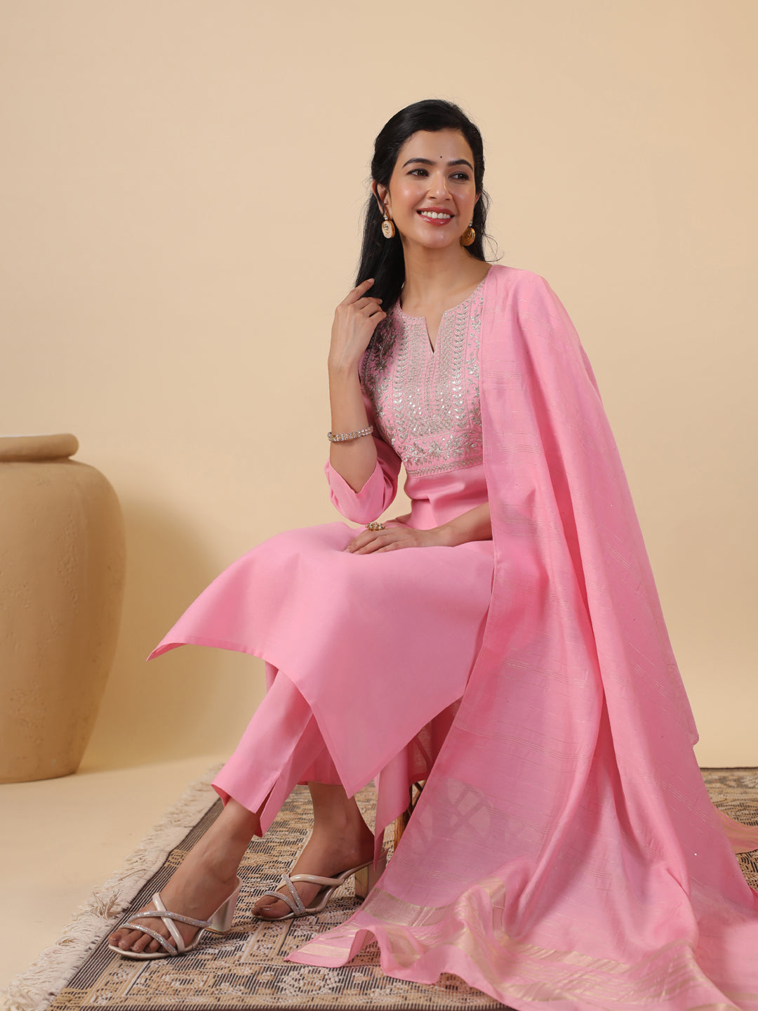 Pink Cotton Blend Yoke Embroidered Straight Kurta Set