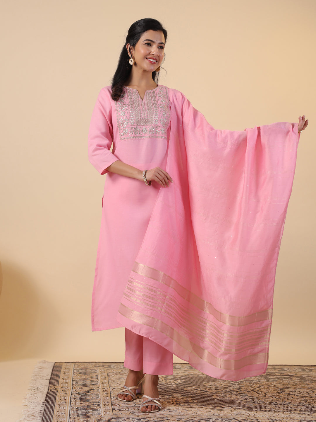 Pink Cotton Blend Yoke Embroidered Straight Kurta Set