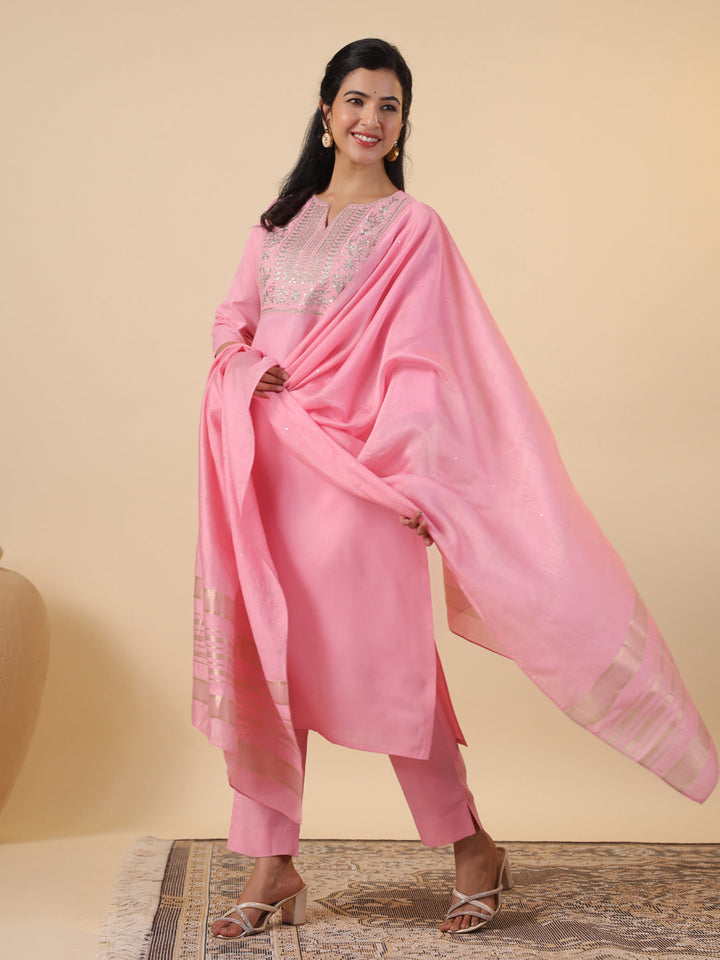 Pink Cotton Blend Yoke Embroidered Straight Kurta Set