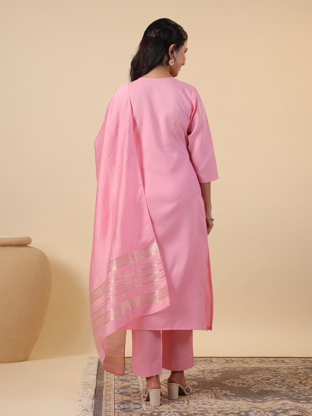 Pink Cotton Blend Yoke Embroidered Straight Kurta Set