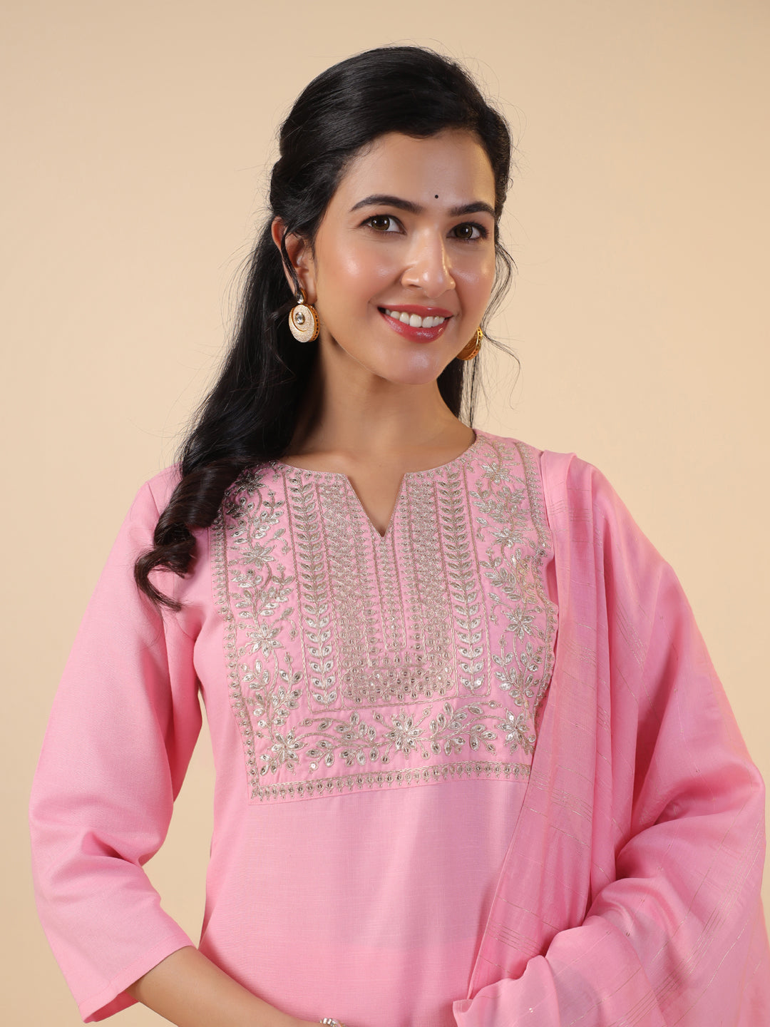 Pink Cotton Blend Yoke Embroidered Straight Kurta Set