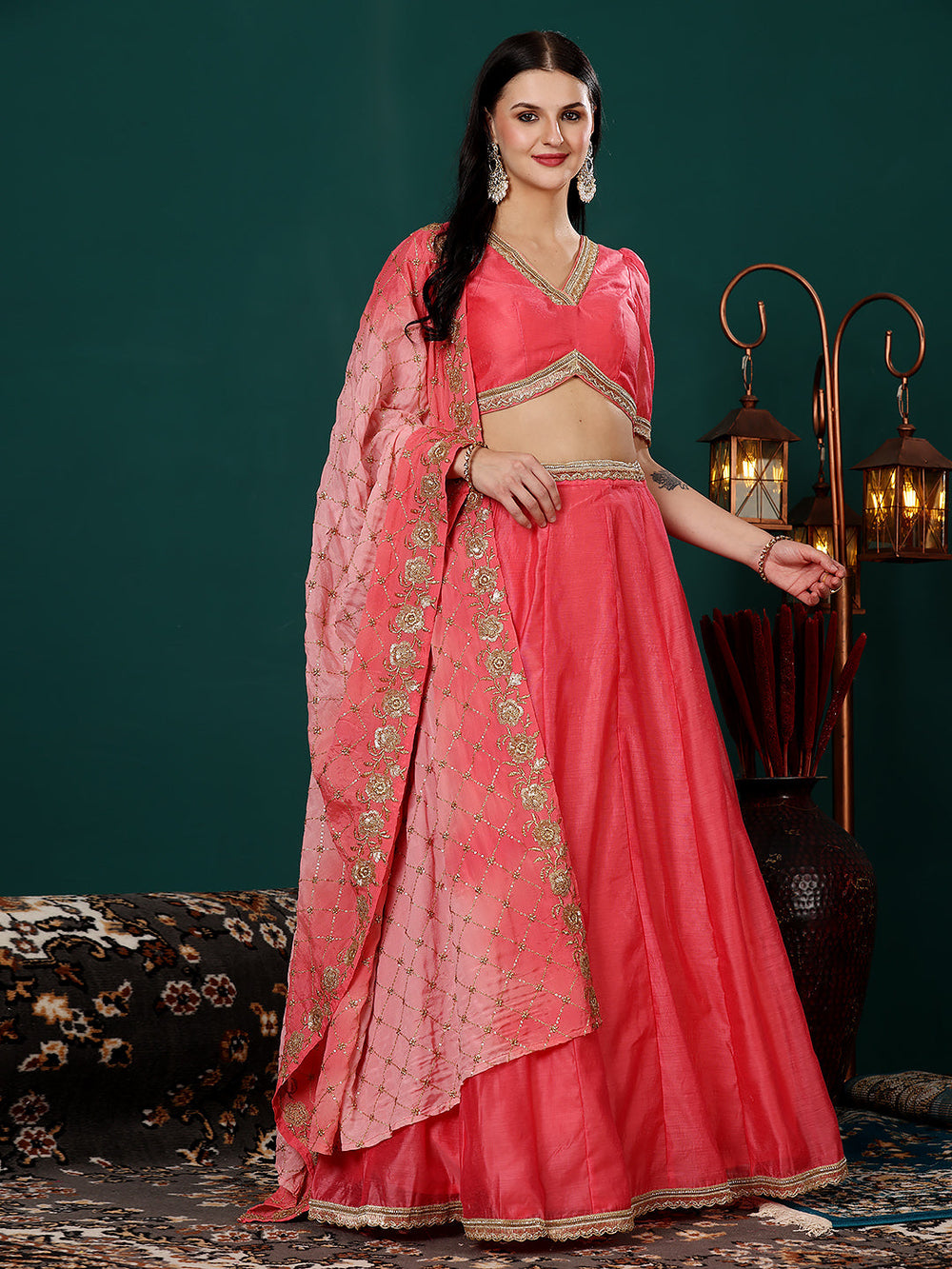 Pink-Cotton-Chanderi-Lehenga-With-Embroidered-Dupatta