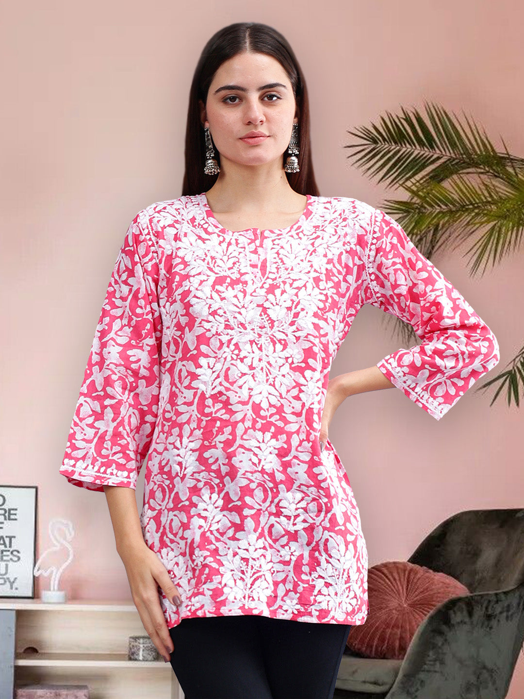Pink-Cotton-Embroidered-Chikankari-Short-Tunic