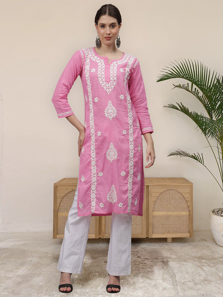 Pink-Cotton-Embroidered-Chikankari-Straight-Kurti