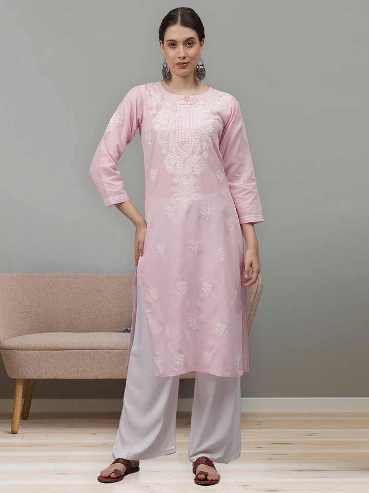 Pink-Cotton-Embroidered-Chikankari-Straight-Kurti