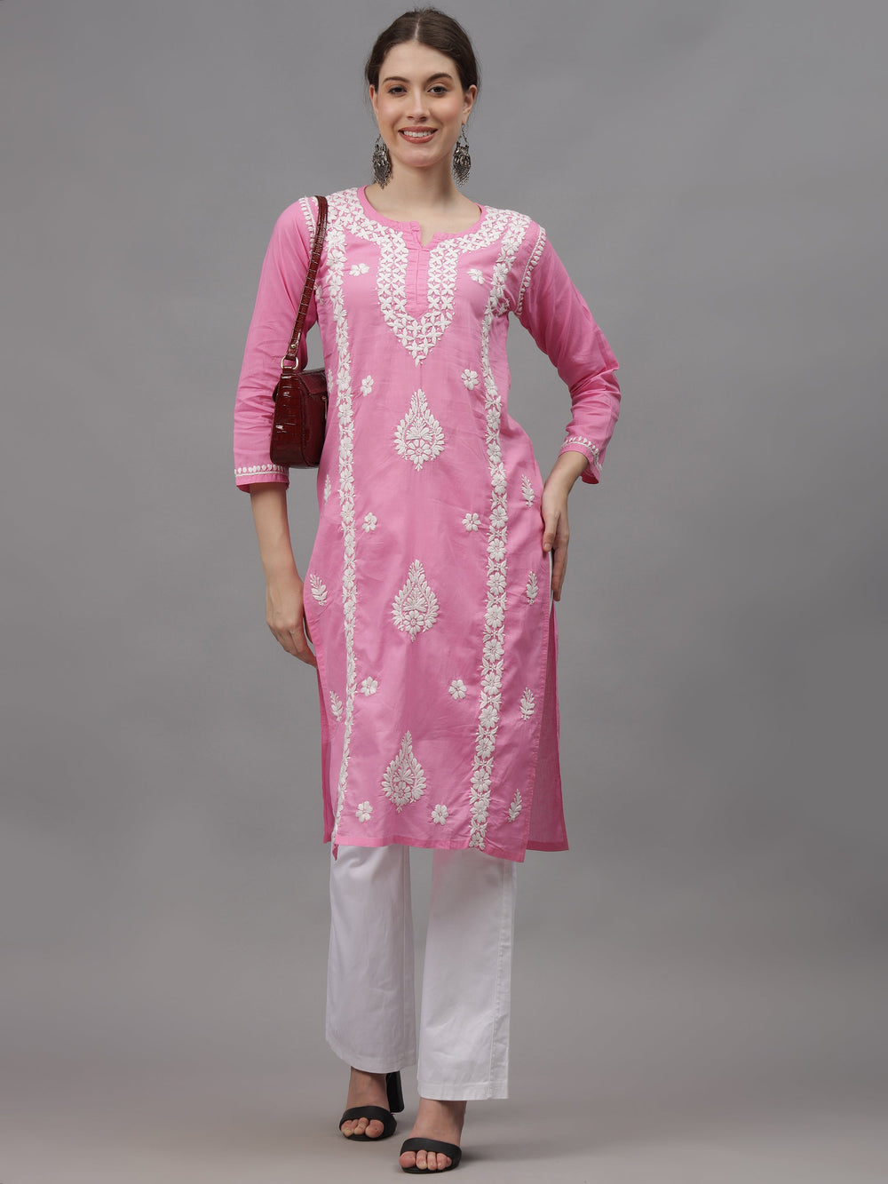 Pink-Cotton-Embroidered-Chikankari-Straight-Kurti