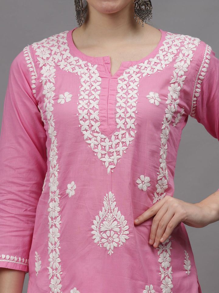 Pink-Cotton-Embroidered-Chikankari-Straight-Kurti