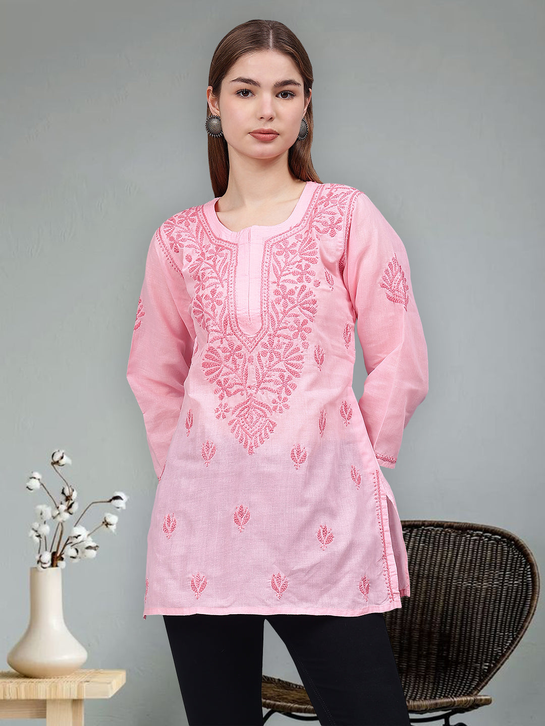 Pink-Cotton-Embroidered-Chikankari-Tunic