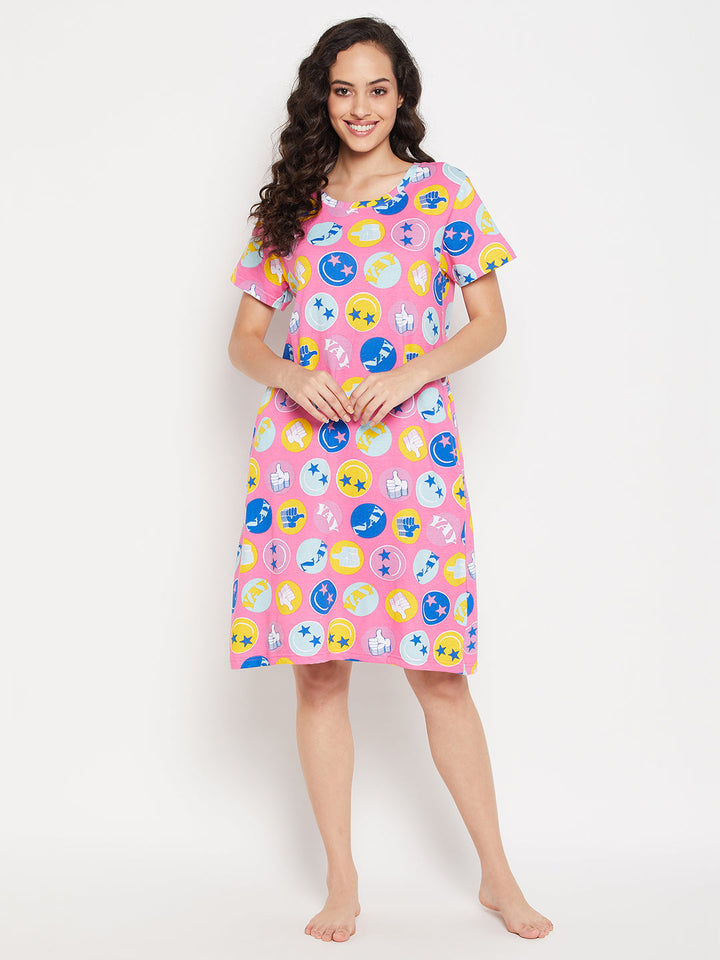 Pink-Cotton-Emoji-Print-Short-Night-Dress