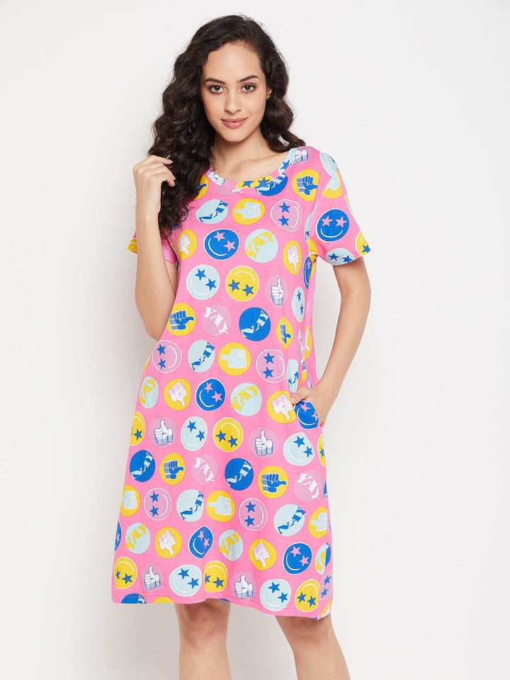 Pink-Cotton-Emoji-Print-Short-Night-Dress