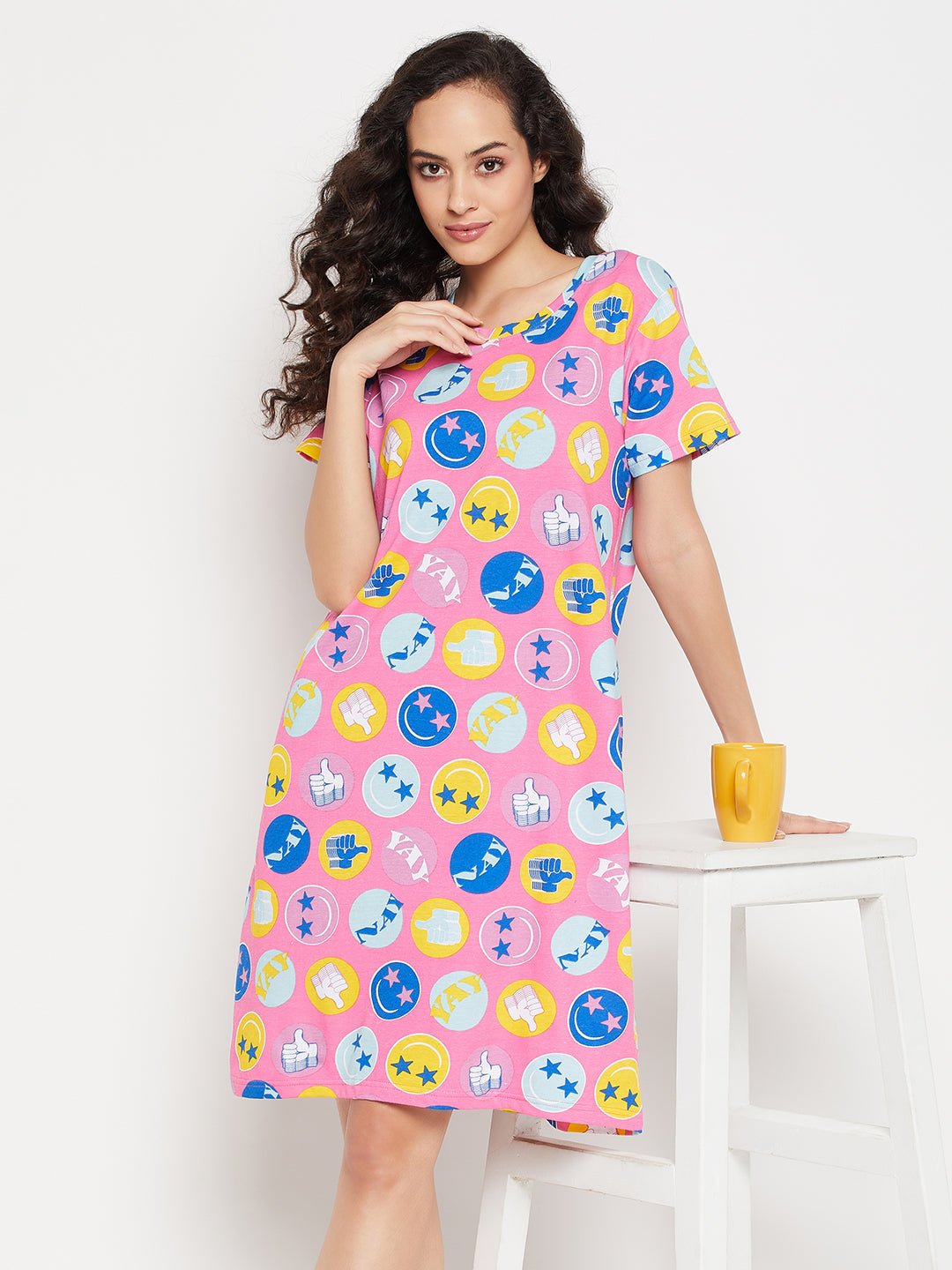 Pink-Cotton-Emoji-Print-Short-Night-Dress