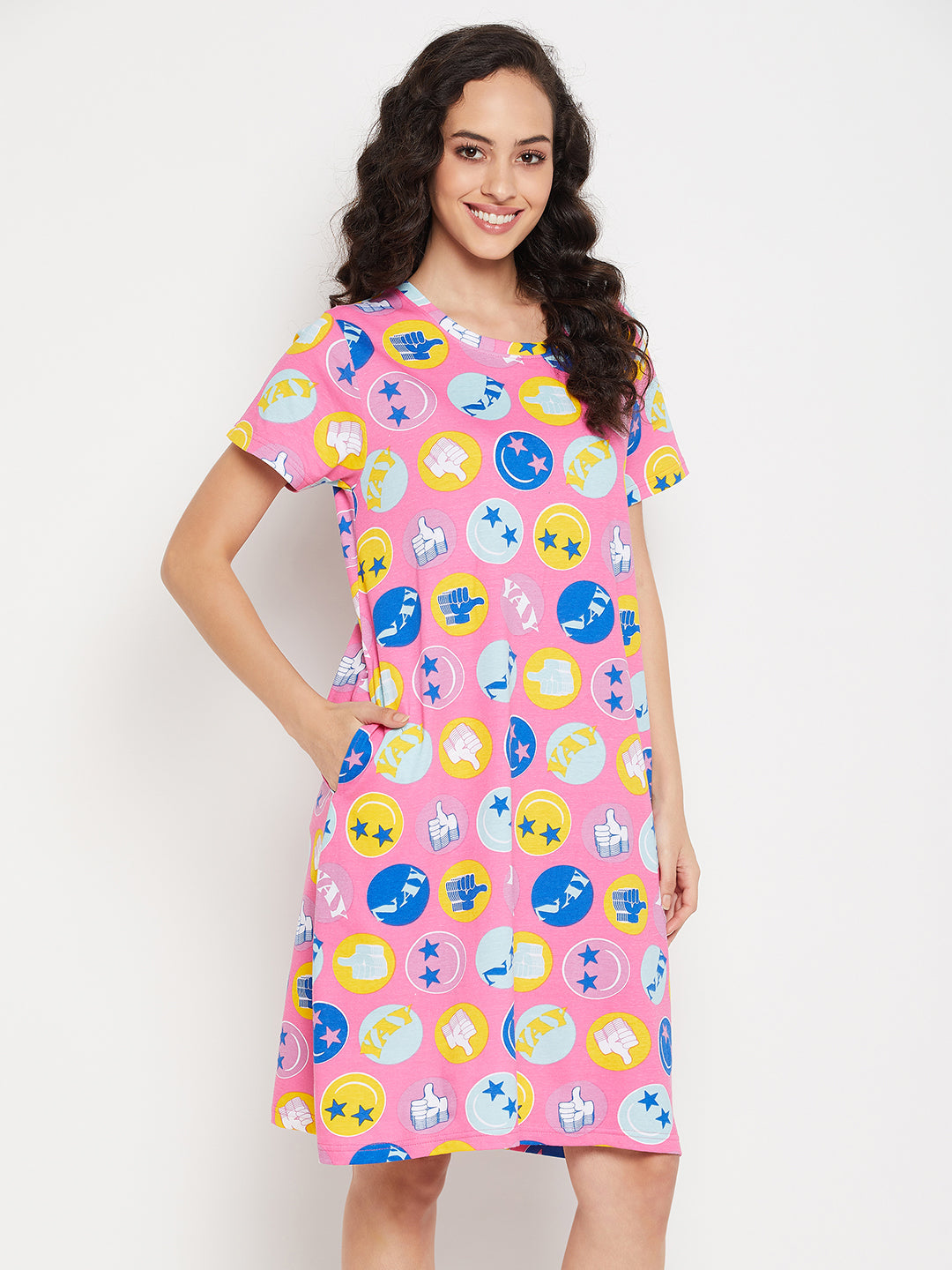 Pink-Cotton-Emoji-Print-Short-Night-Dress