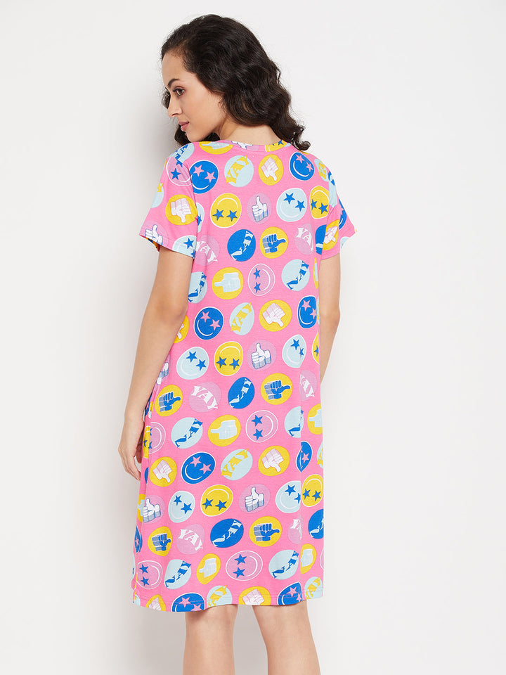 Pink-Cotton-Emoji-Print-Short-Night-Dress