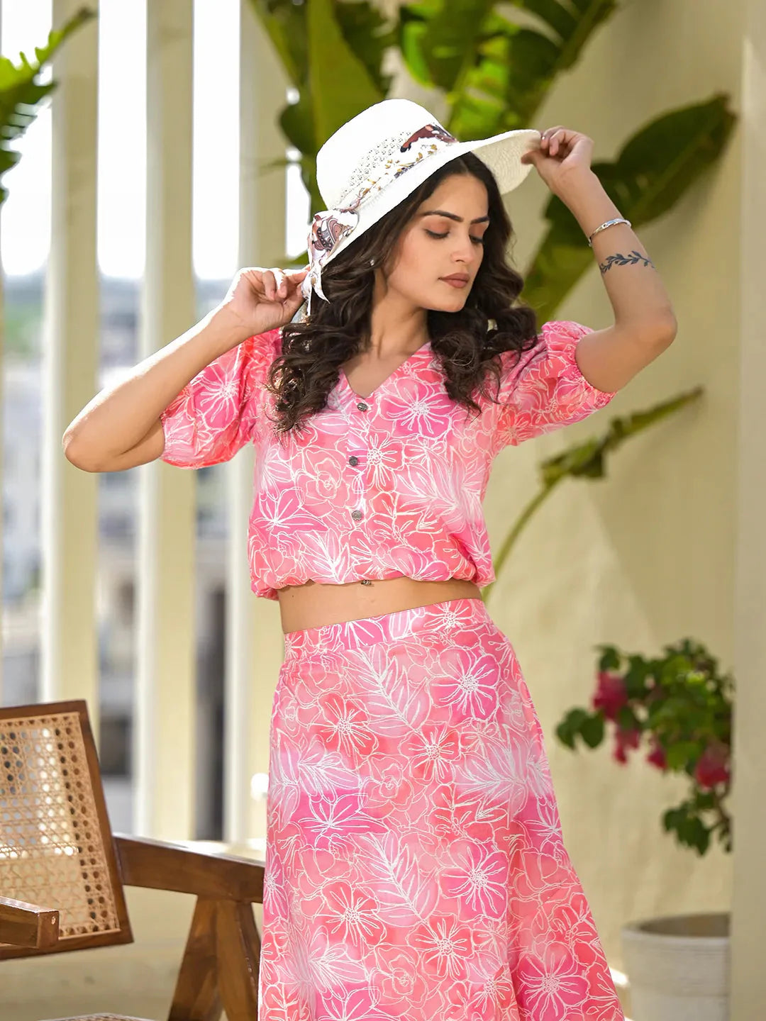 Pink-&-White-Cotton-Floral-Print-Skirt-Set