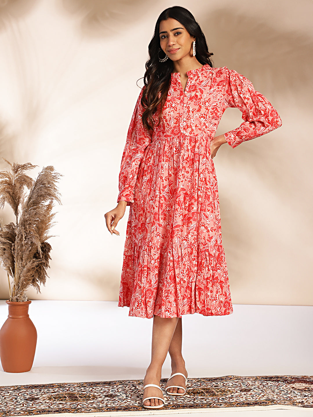 ZERESOUQ-Pink-Cotton-Floral-Printed-Balloon-Sleeves-Dress