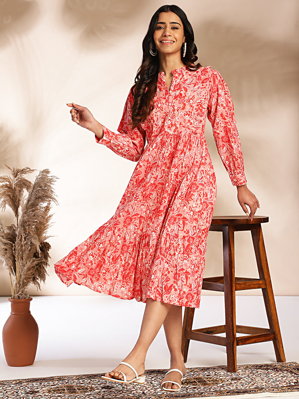 ZERESOUQ-Pink-Cotton-Floral-Printed-Balloon-Sleeves-Dress