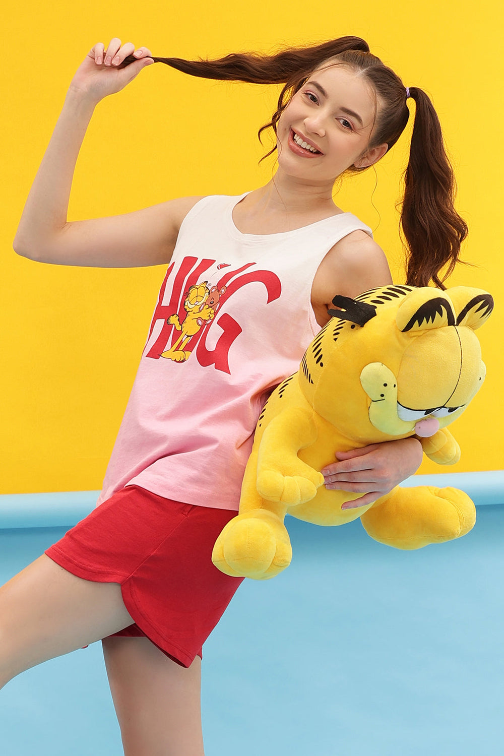 Pink-Cotton-Garfield-Print-Sleeveless-Top-&-Shorts-Set