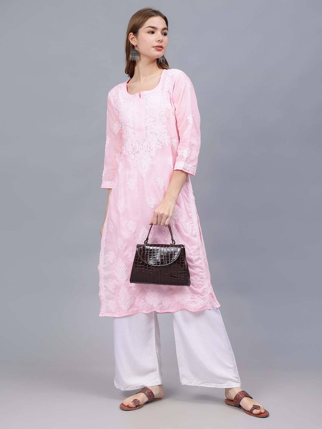 Pink-Cotton-Hand-Embroidered-Chikankari-Kurta