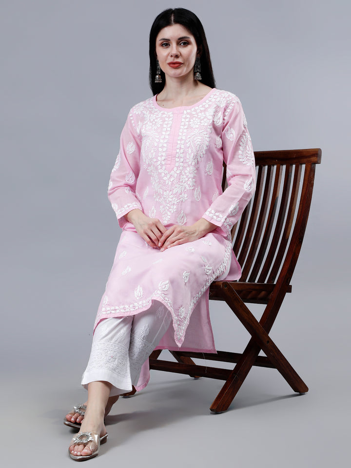 Pink Cotton Hand Embroidered Chikankari Kurti