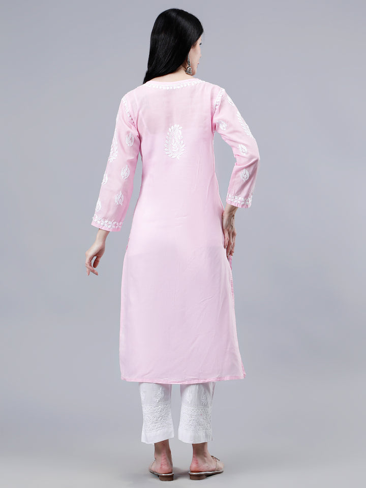 Pink Cotton Hand Embroidered Chikankari Kurti