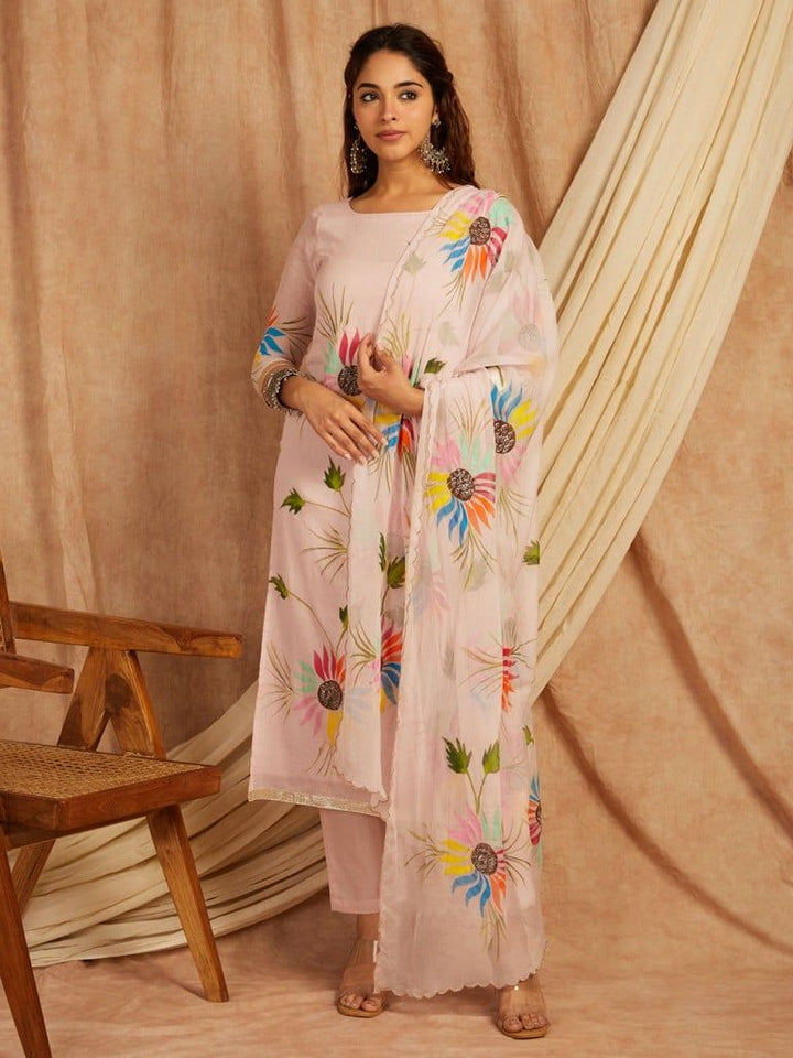 Pink-Cotton-Hand-Painted-3-Piece-Kurta-Set