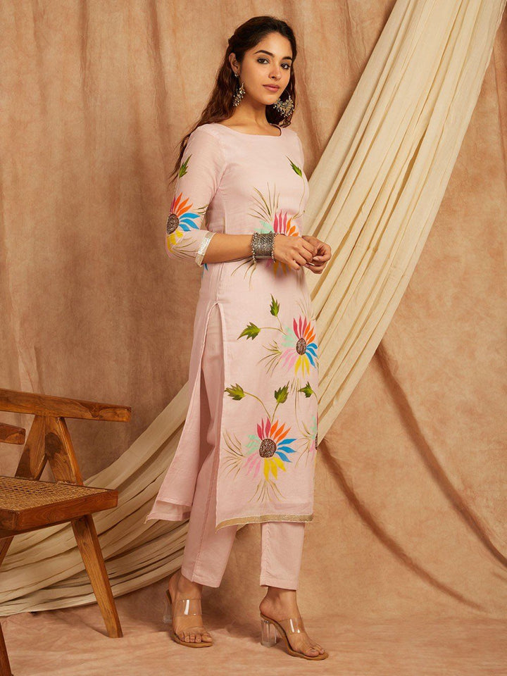 Pink-Cotton-Hand-Painted-3-Piece-Kurta-Set