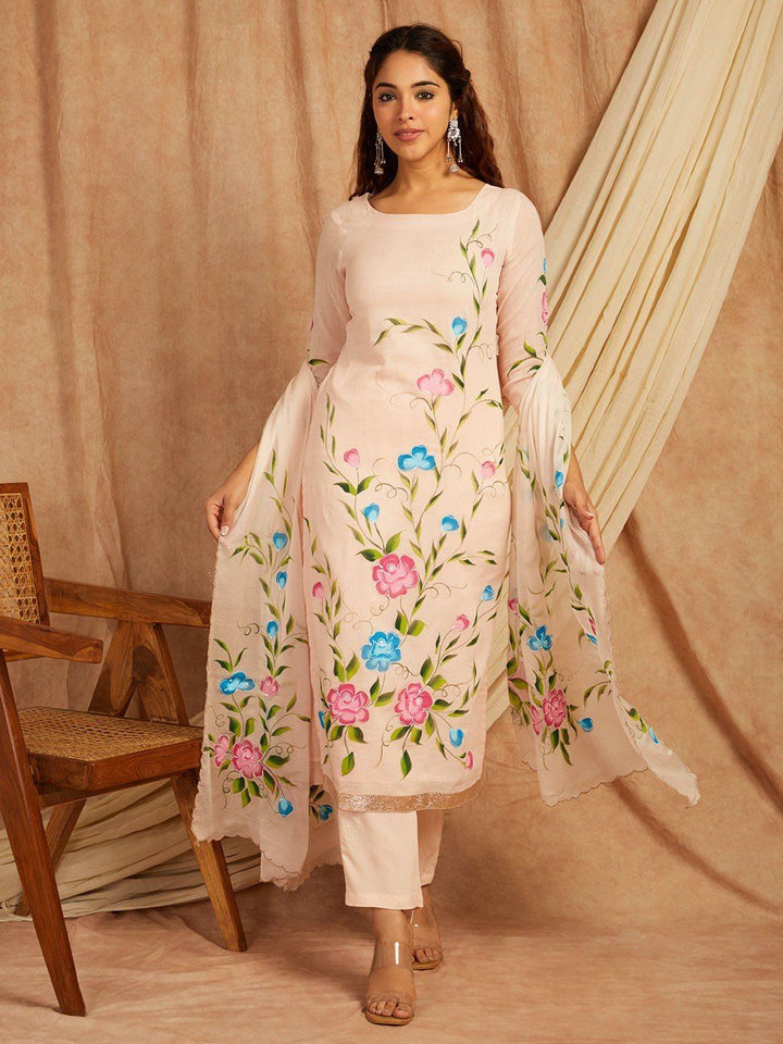 Pink-Cotton-Hand-Painted-Floral-3-Piece-Kurta-Set