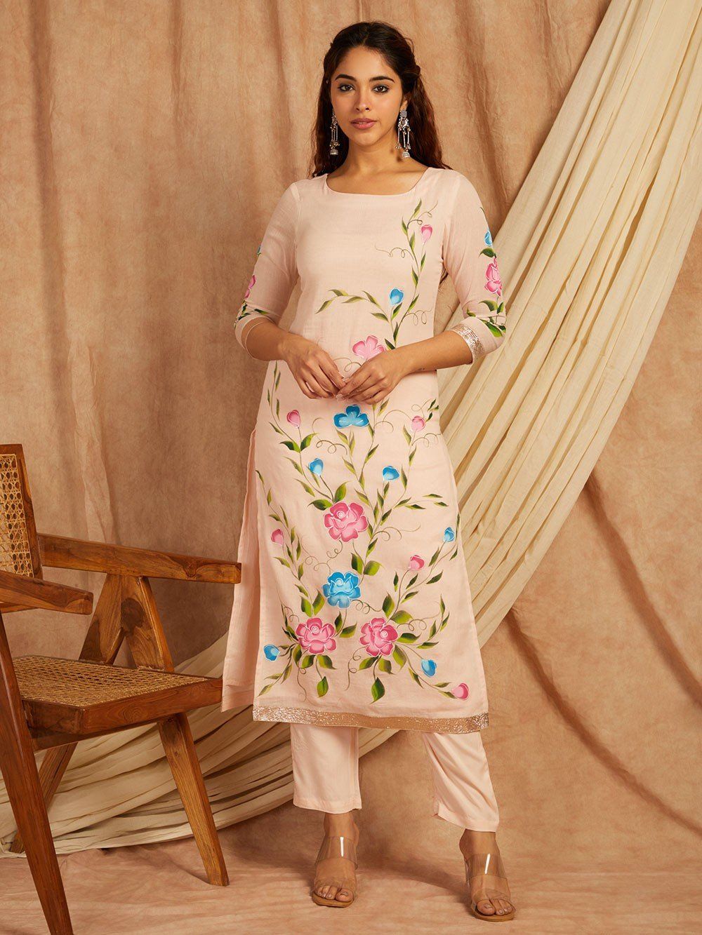 Pink-Cotton-Hand-Painted-Floral-3-Piece-Kurta-Set