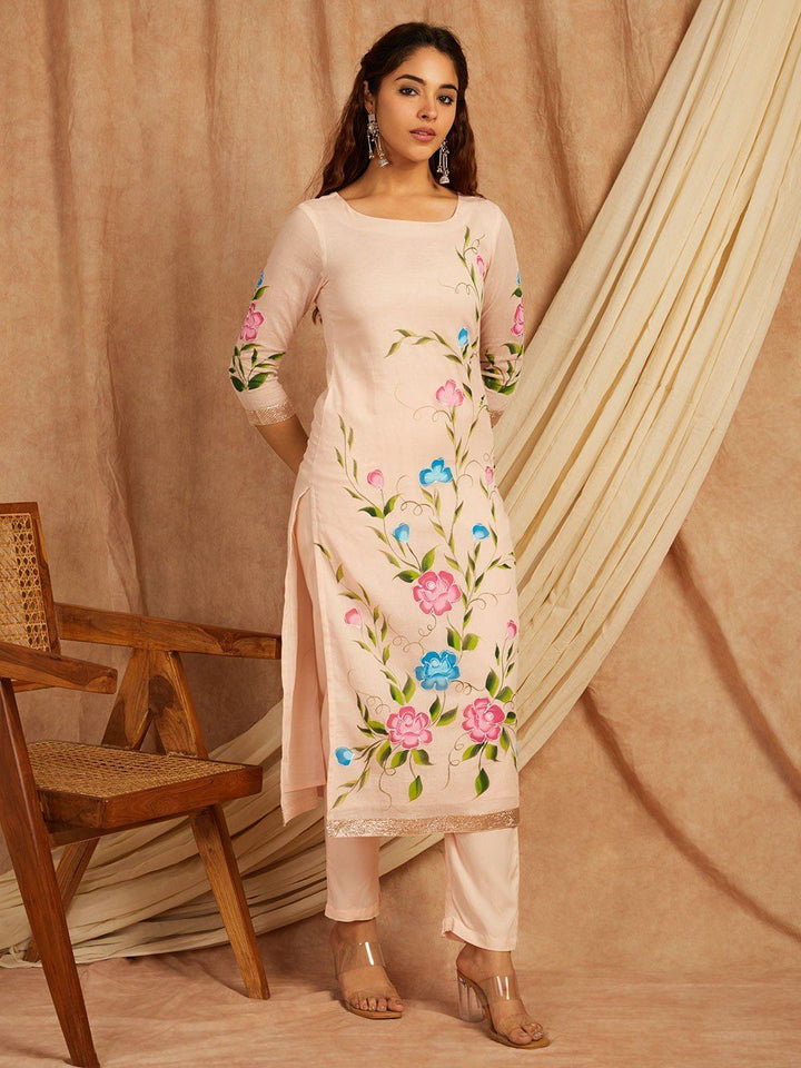 Pink-Cotton-Hand-Painted-Floral-3-Piece-Kurta-Set